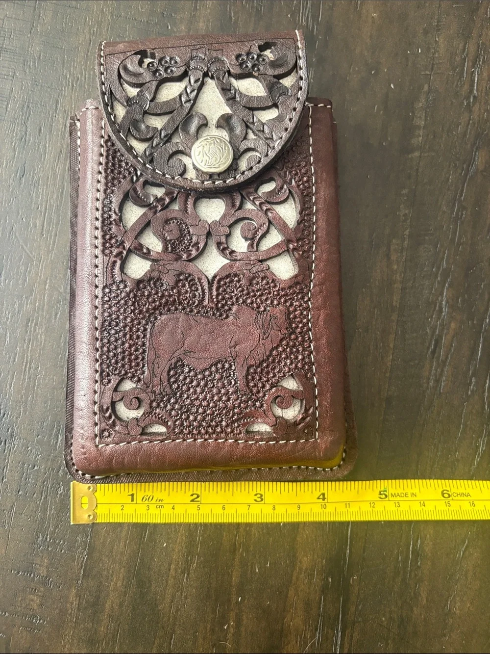 Handcrafted Tooled Leather Phone Sleeve in Rich Brown